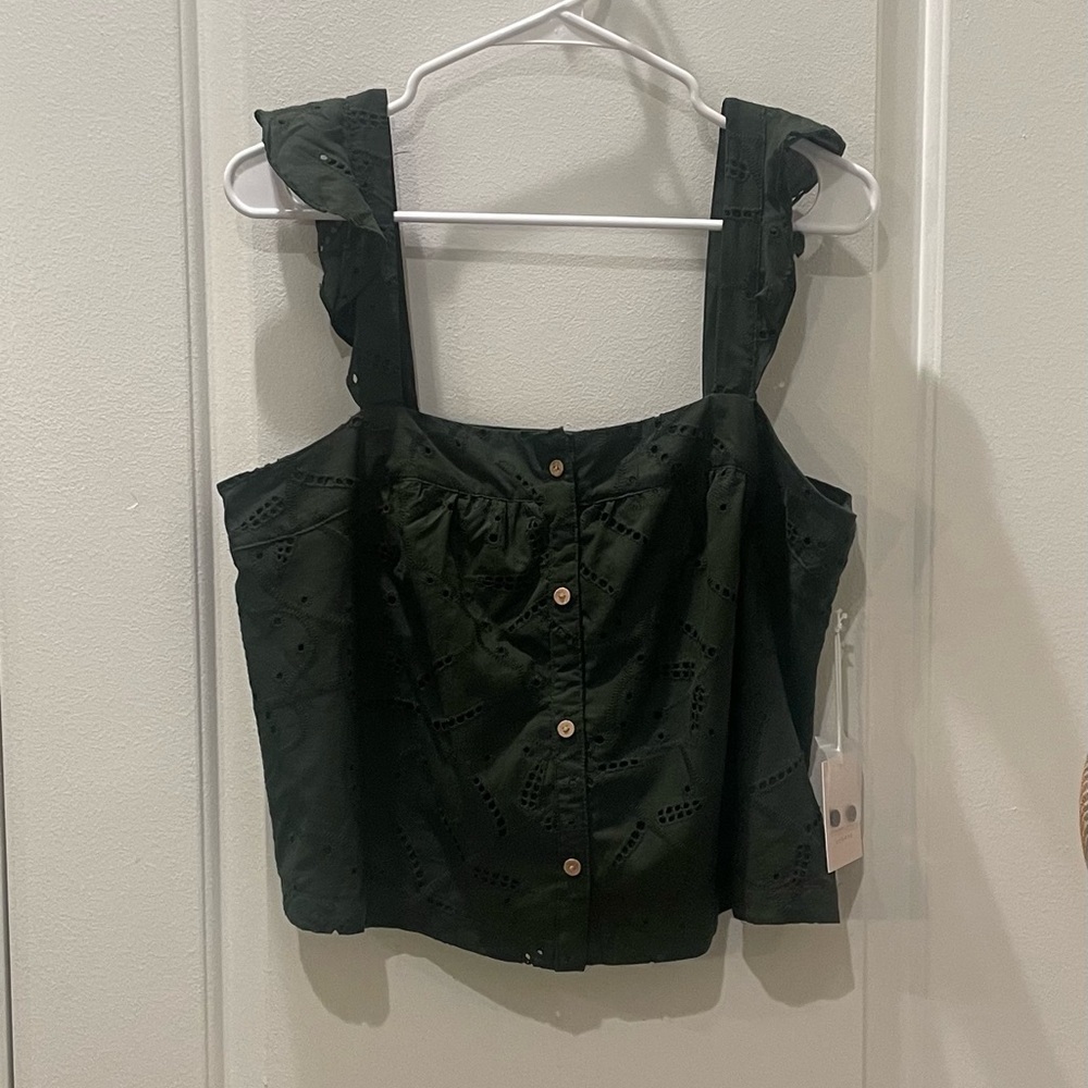 NEW…LC Lauren Conrad Button Front Eyelet Ruffle Strap Top - Picture 2 of 4